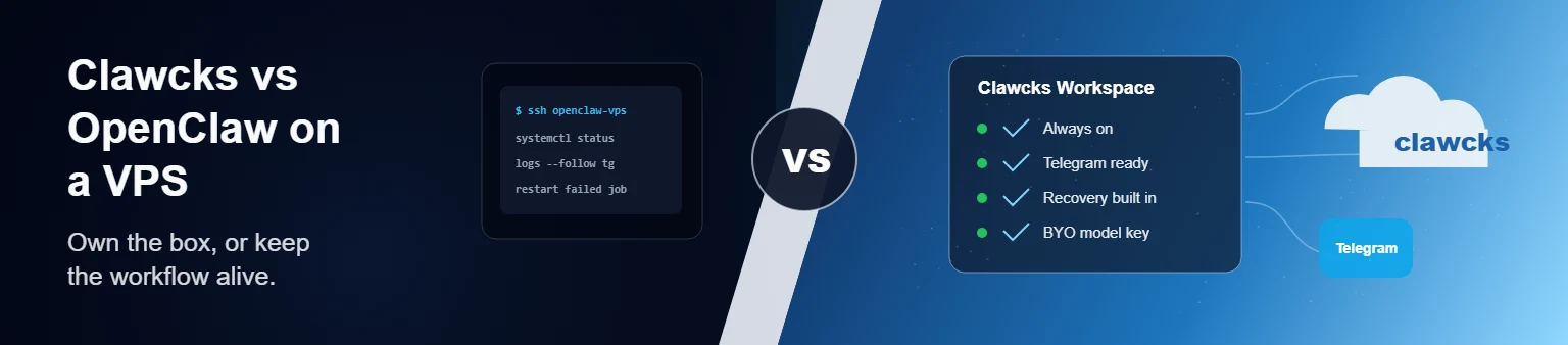OpenClaw running on a VPS compared with a hosted Clawcks workflow
